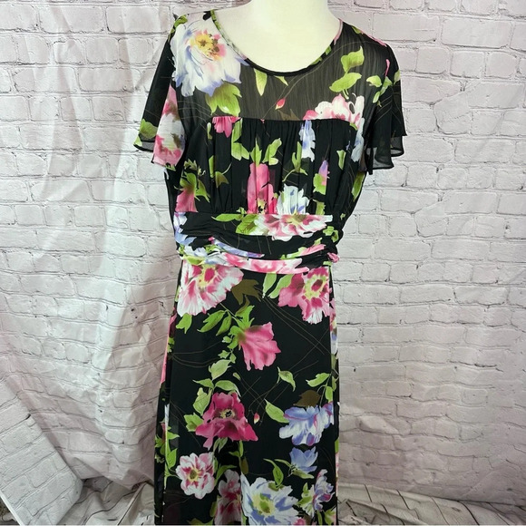 coldwater creek floral cap sleeve dress with sheer top panel sz 16 layered - Picture 1 of 10